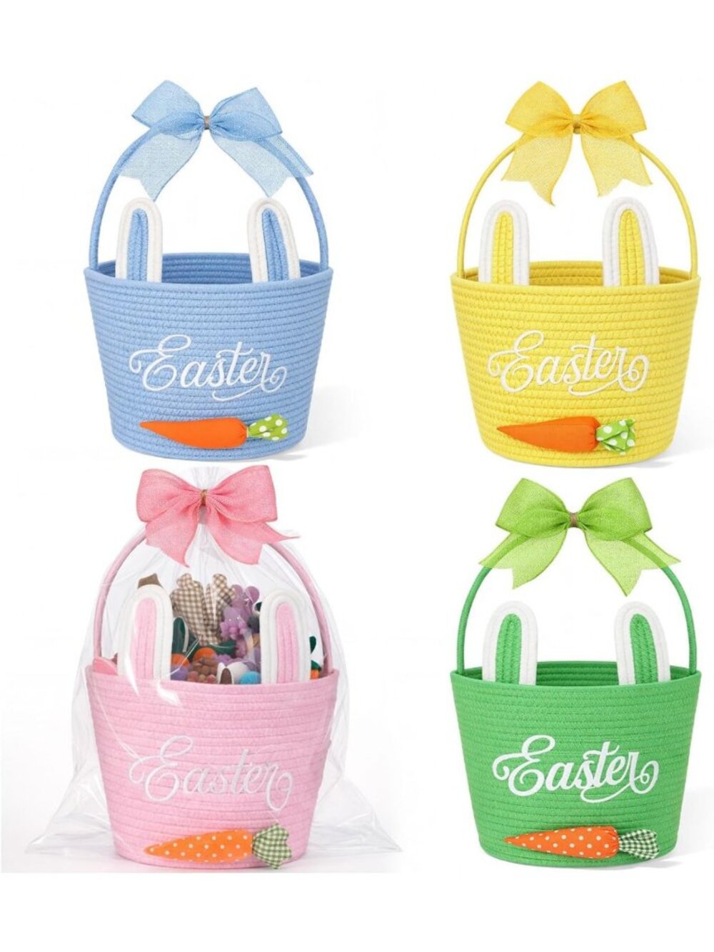 Easter Bunny Basket Set - 4 Pack Rabbit Baskets with Handle for Egg Hunt & Gifts